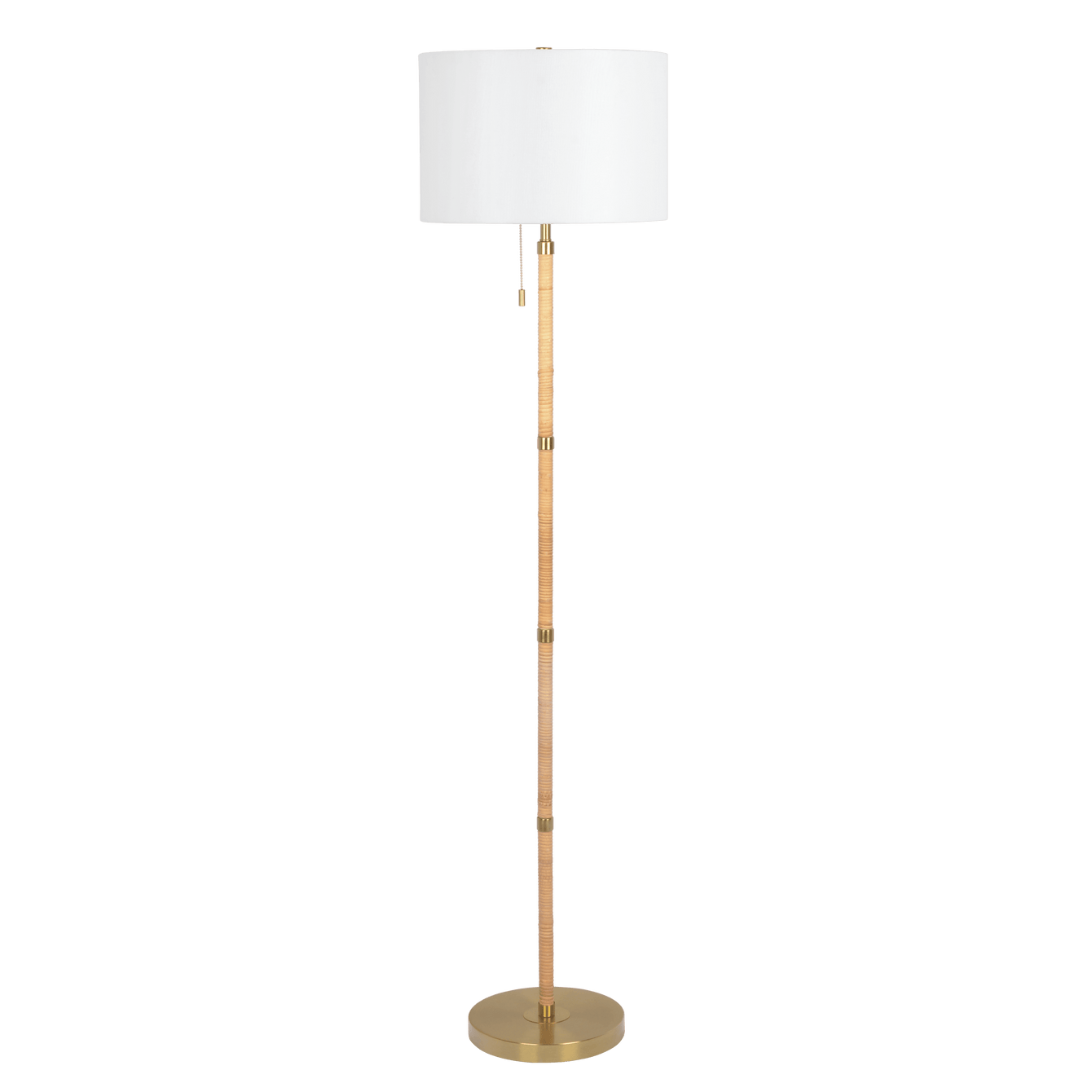 Stellar Wood Rattan Tube , Gold Brass Metal and White Linen Shade Floor Lamp - West Lamp
