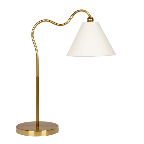 Ornate Brass Ring Base Curved Table Lamp with Triangle White Drum Shade