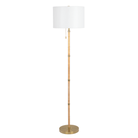 Stellar Wood Rattan Tube , Gold Brass Metal and White Linen Shade Floor Lamp