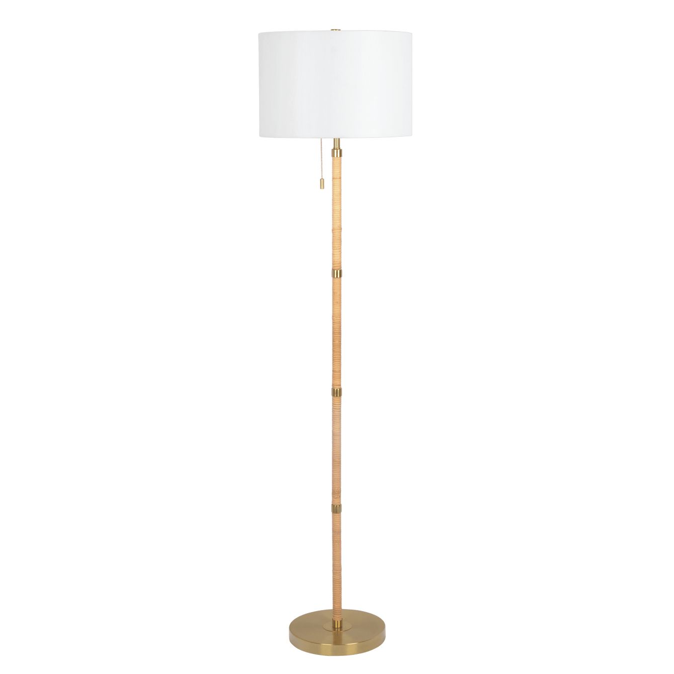 Stellar Wood Rattan Tube , Gold Brass Metal and White Linen Shade Floor Lamp - West Lamp