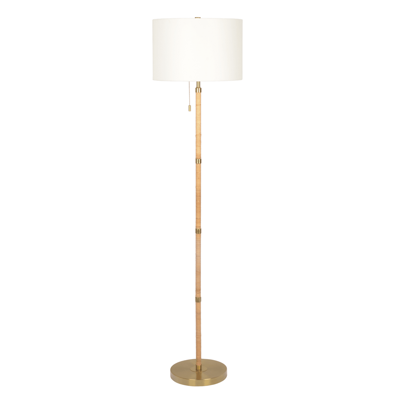 Stellar Wood Rattan Tube , Gold Brass Metal and White Linen Shade Floor Lamp - West Lamp